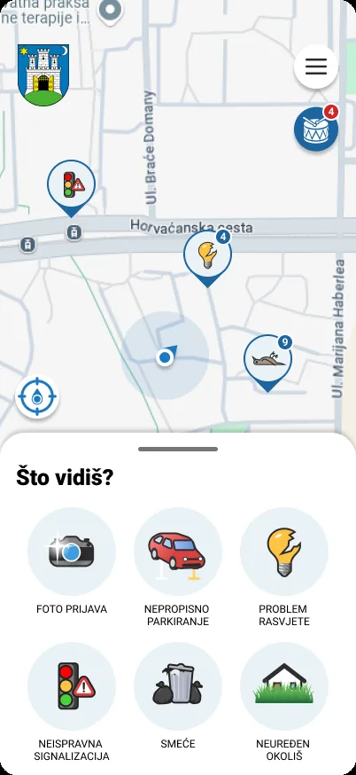 Comfor – karta s prijavljenim komunalnim problemima i izbornik kategorija