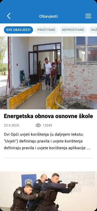 Comfor – popis obavijesti gradske uprave u aplikaciji